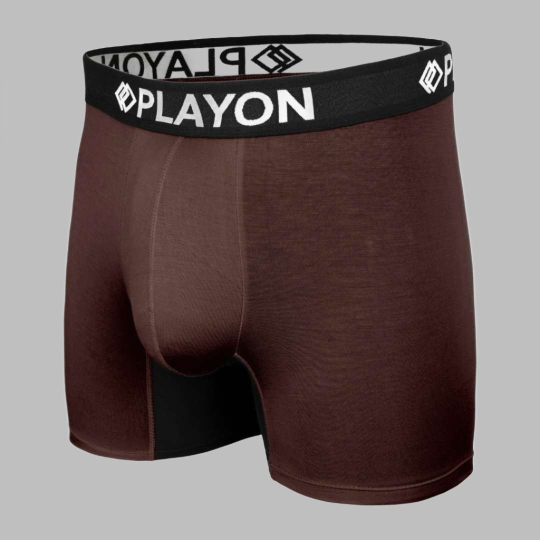 Bamboo Boxers - the best in the UK.  Chestnut Brown Soft snug comfortable Bamboo Boxers contoured pouch no chafe no ride up no irritation friction free panels  chafe stopper panels hypo-allergenic sustainable bamboo