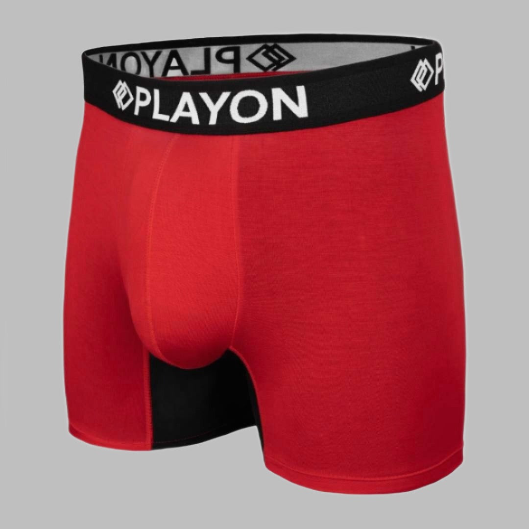 Bamboo Boxers - the best in the UK. Sunset Red Soft snug comfortable Bamboo Boxers contoured pouch no chafe no ride up no irritation friction free panels  chafe stopper panels hypo-allergenic sustainable bamboo